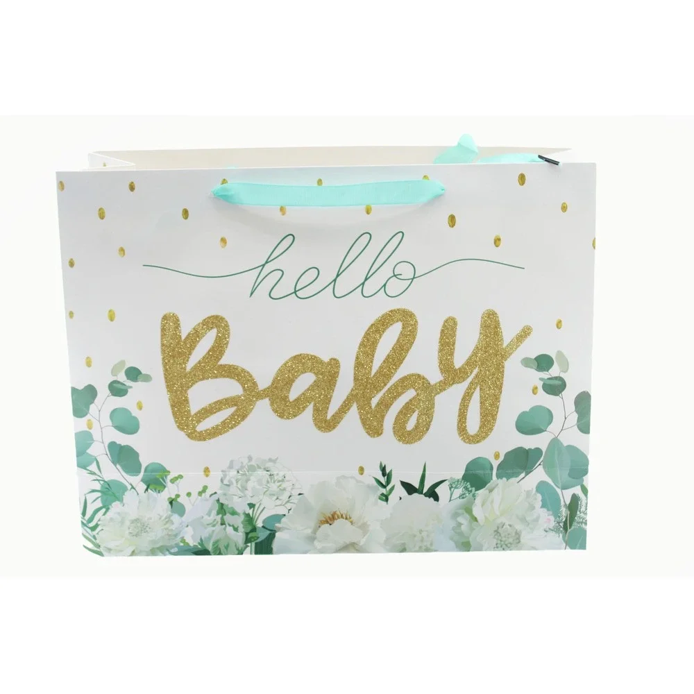 Hello Baby Large Gift Bag Gold Glitter FloralWhite Teal 16.5‎ in x 12.5 in